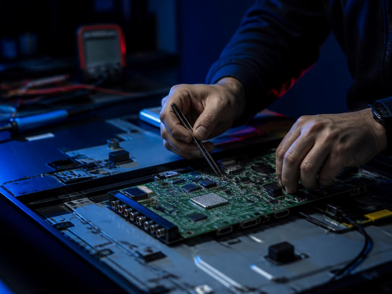 Técnico da MKG Eletrônica reparando uma placa eletrônica na bancada